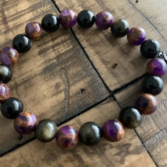 8mm Quartz & Obsidian Hamsa Chakra Bracelet - Picture 5 of 5